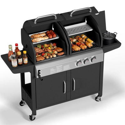 3 Burner Propane Gas Griddle, 24000 BTU Convertible Flat Top Grill with Hood & Removable Cart, Portable Gas Griddle for Camping Tailgating Backyard Outdoor Cooking
