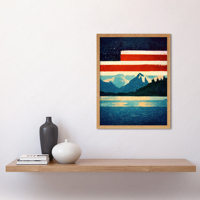 Glacier National Park American Flag - Print, 43cm H x 33cm W x 2cm D, Light Brown Framed Paper