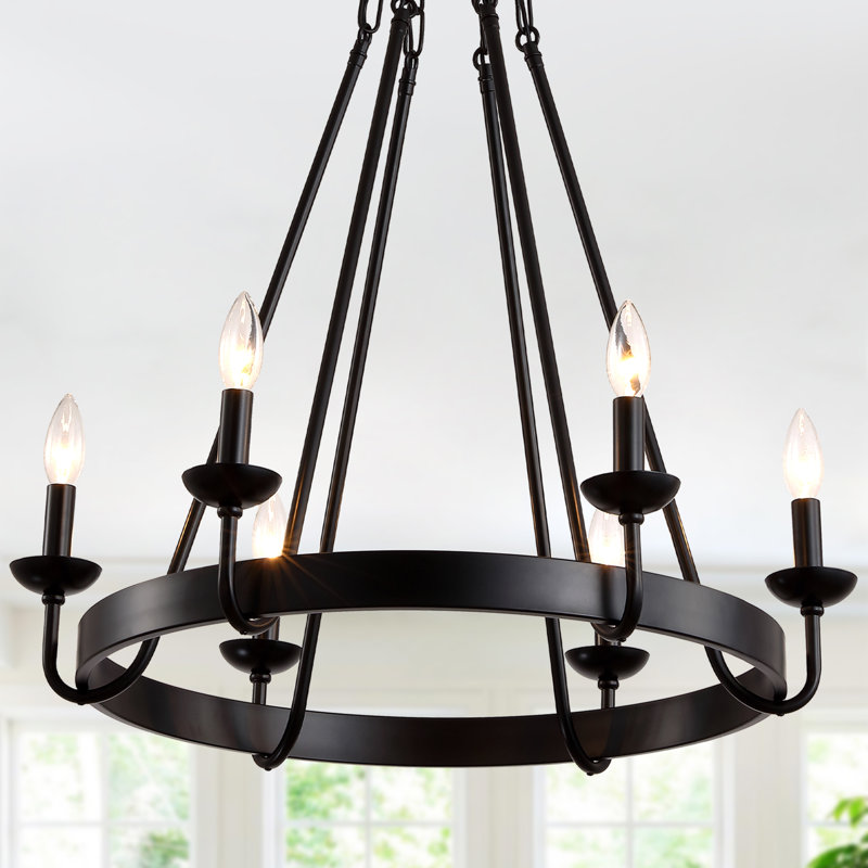 Lustre rond en roue de chariot à 6 lumières pour table de salle à manger, suspension à intensité variable de style bougie noire