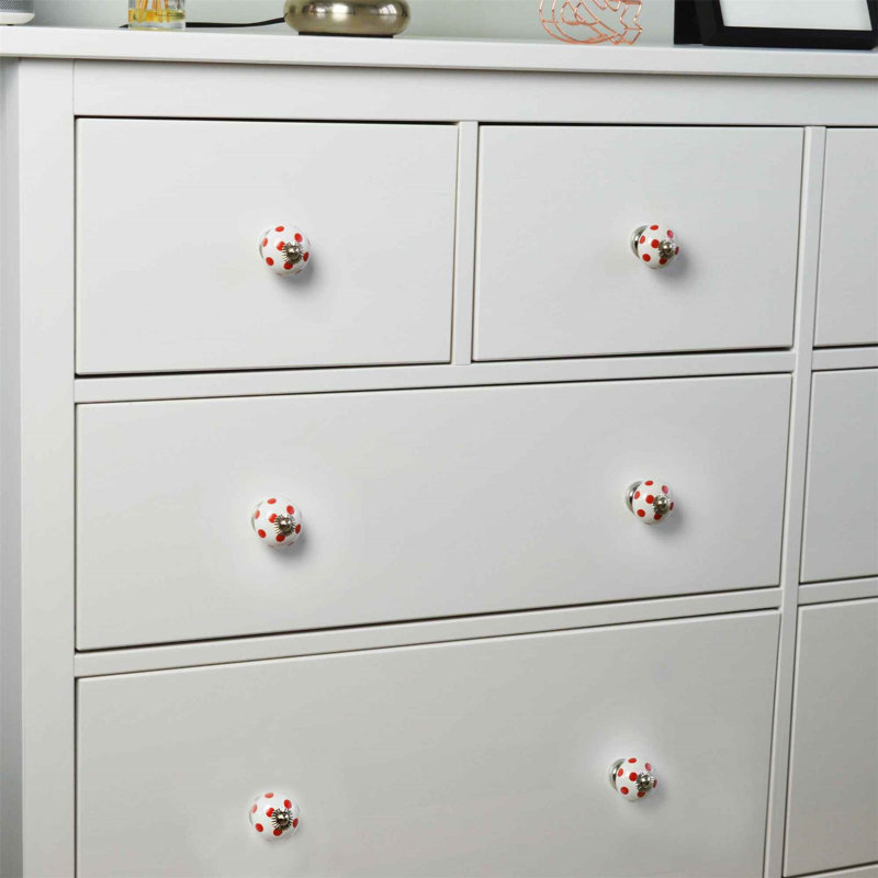 Nicola Spring - Round Ceramic Cabinet Knobs, White/Red