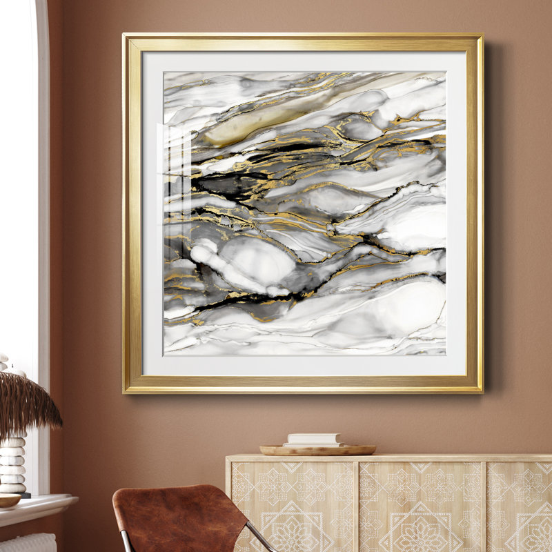 Marbré or I - peinture encadrée, Papier encadré doré, H 34,5 po x l 34,5 po x P 1,5 po