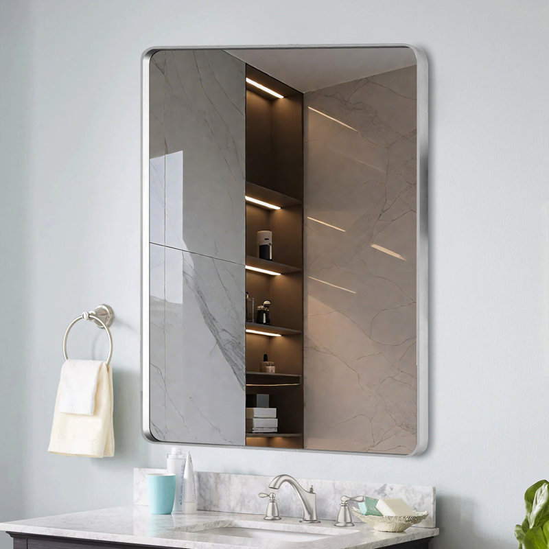 Miroir de salle de bain 36 po x 30 po avec cadre en nickel brossé - verre flotté à haute densité qui procure de la transparence et de la réflexion, alliage d'aluminium rouille, conception résistante, barre en Z pour une installation sécuritaire, bien fixé