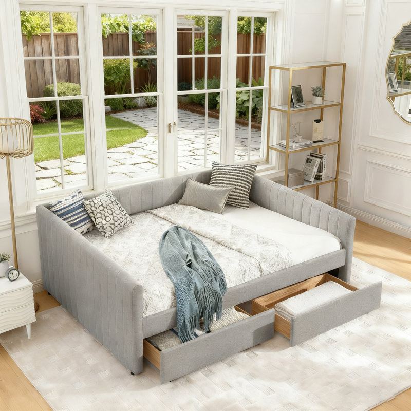 Queen Sofa Bed With 2-Drawer Trundle, Upholstered In Linen With Vertical Stripes, Gray
