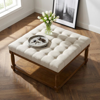 Grande table basse avec repose-pieds carré rembourré en lin capitonné avec tablette en bois massif et repose-pieds