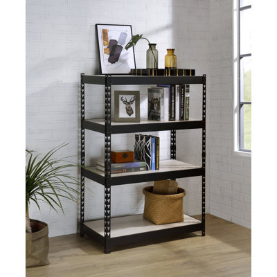 Bibliothèque industrielle, naturelle et noire, rectangulaire à 4 niveaux avec structure ouverte en métal et tablettes réglables noires, unité de rangement
