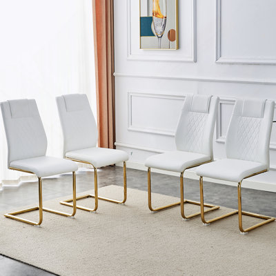 Chaises de salle à manger modernes, chaises de salle à manger et chaises rembourrées à pieds dorés en cuir artificiel, idéales pour les cuisines, les salons, les chambres et les bureaux. Ensemble de 4 pièces (blanc + polyuréthane)
