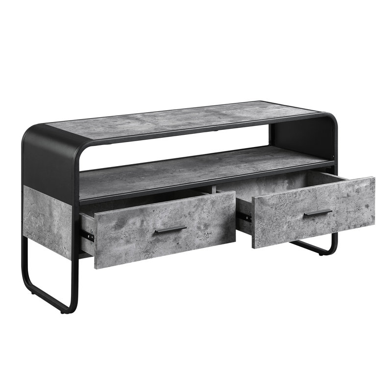 Meuble télé à finition béton gris et noir avec tiroir 1/2 extension et structure en métal pour petits téléviseurs de 39 po et 2 tiroirs de rangement