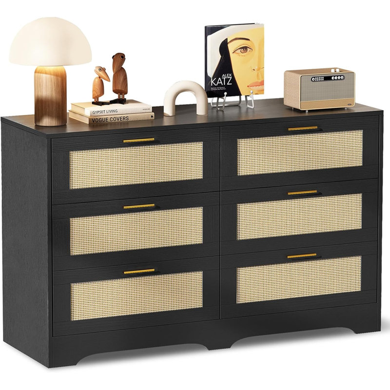 Commode élégante en rotin à 6 tiroirs - Rangement polyvalent, Noir
