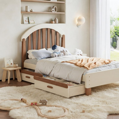 Solid Wood Platform Bed Frame with Large Storage Drawer, Elegant Rounded Headboard Bed