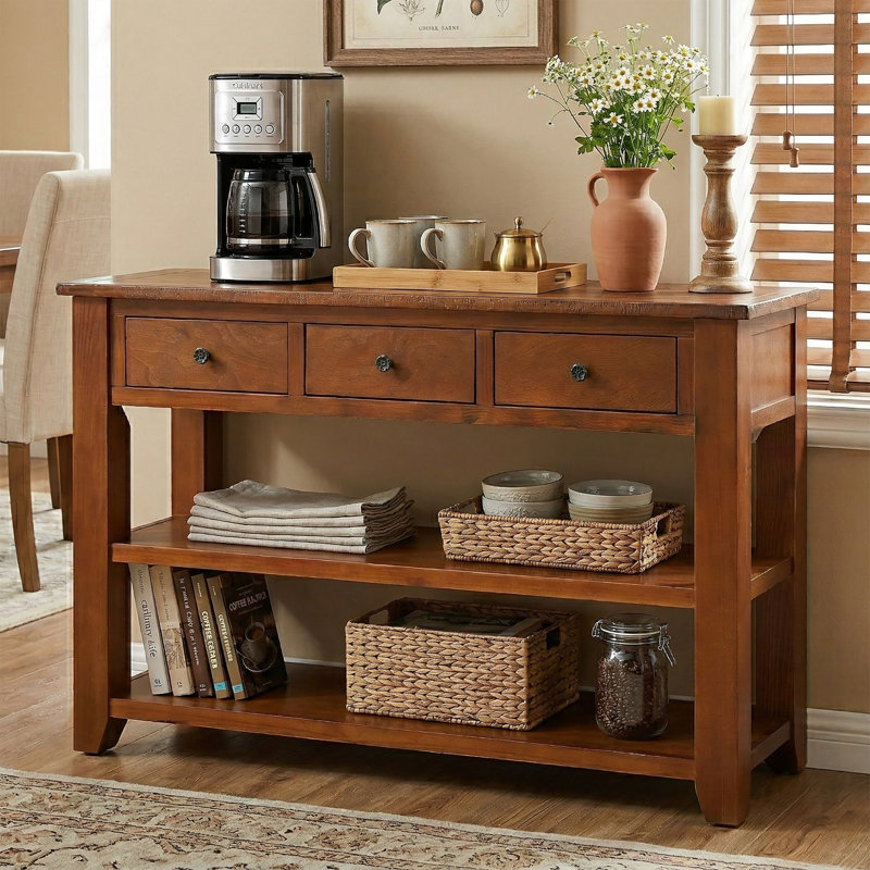 Aitzol Mid-Century Style Console Table with Wood Legs, Shelves, Drawers for Entryway