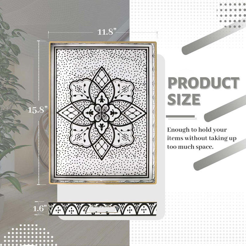 Plastic Serving Tray With Handles, Modern Black Tray For Coffee Table, Rectangular Trays With Flower Pattern, Decorative Trays For Ottoman, 15.8" Lx 11.8" W X 1.6" H