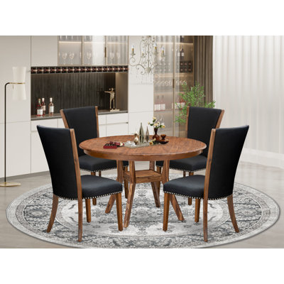 Kitchen Table Set Contains a Round Table with Pedestal and Linen Fabric Upholstered Chairs, Antique Walnut