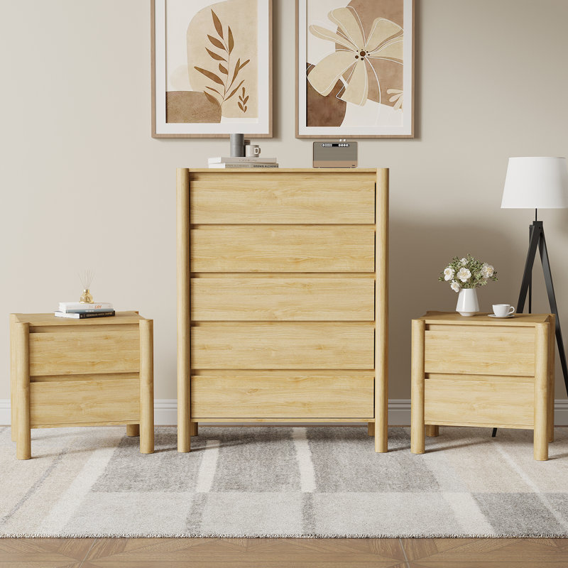 Ensemble de chambre à coucher 3 pièces, commode 5 tiroirs et 2 tables de chevet, beige