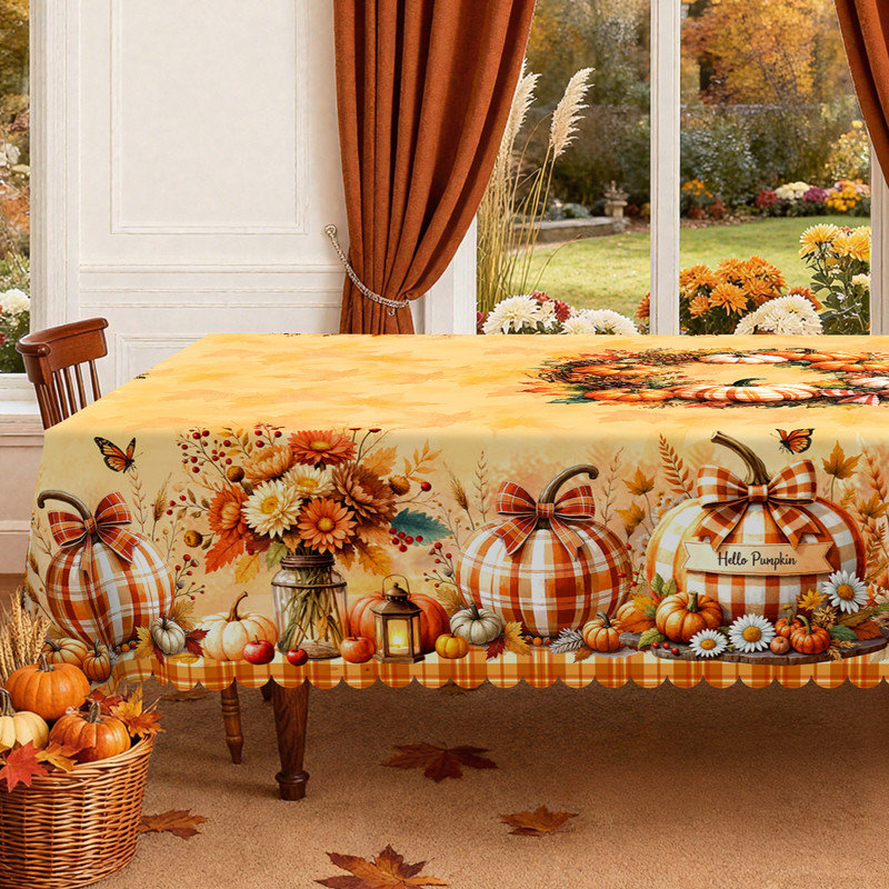Golden Autumn Pumpkin-Patterned Machine-Washable Polyester Tablecloth, 86.6" L x 70.8" W