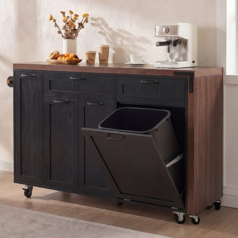 Hawke Modern Kitchen Island with Extendable Dining Table, Trash Storage Cabinet and Rolling Wheels, Black