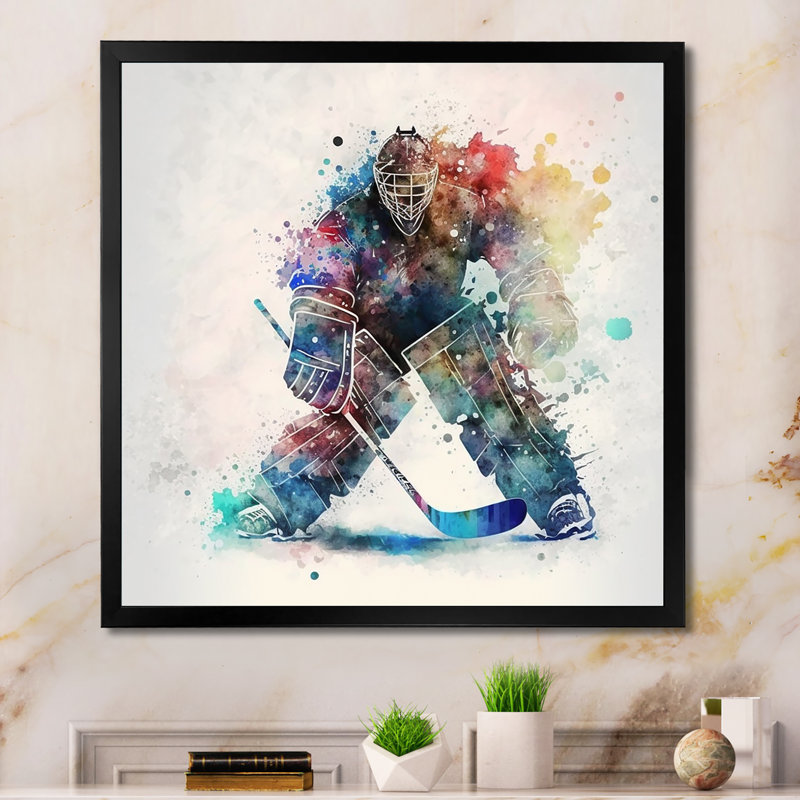 Hockey gardien de but pendant le jeu de hockey II, H 24 po x l 24 po x P 1 po, Impression noire sur toile encadrée