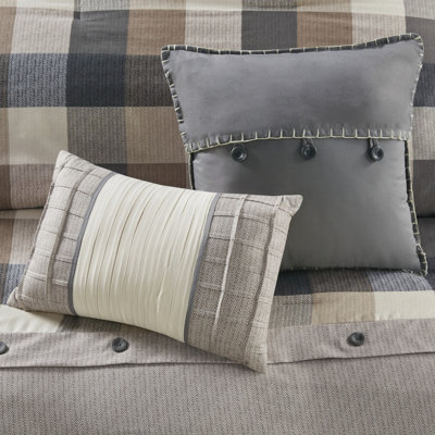 Queen Neutral 7 Piece Comforter - Herringbone, Buffalo Plaid, , Machine Washable, Comforter, Shams, Pillows, Bed Skirt Included Size Herringbone Color, Plaid Print, 15" Drop