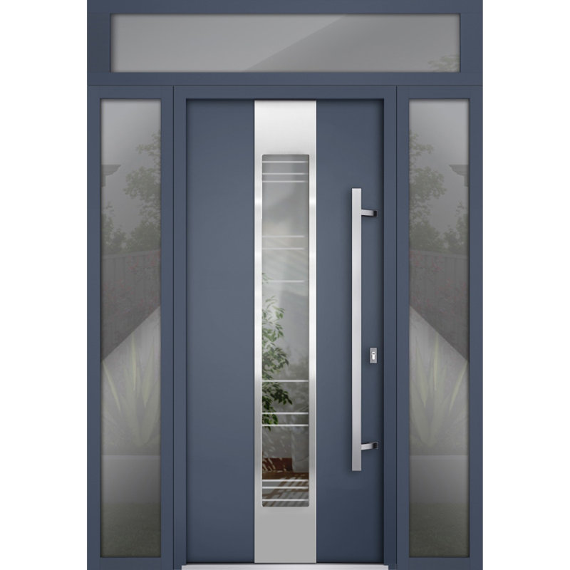Porte avant en acier pré-suspendue à l'avant / deux en graphite gris 5755/2 fenêtres extérieures latérales et supérieures / inserts en acier inoxydable peints simples modernes - l 14 + 36 + 14 po x H 80 + 16 po - Ouverture à droite