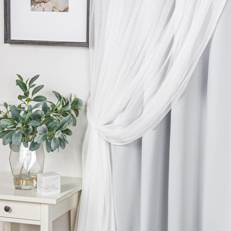 Fortuna Brockham Solid Tulle Overlay Room Darkening Grommet Curtain Panels, Vapor, 52" W x 96" L