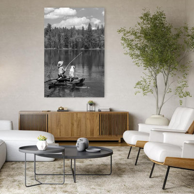 1950S Boy Huck Finn Style On Homemade Raft With Dog Fishing In Lake Classic Retro Vintage Dog Fish Animal Art
