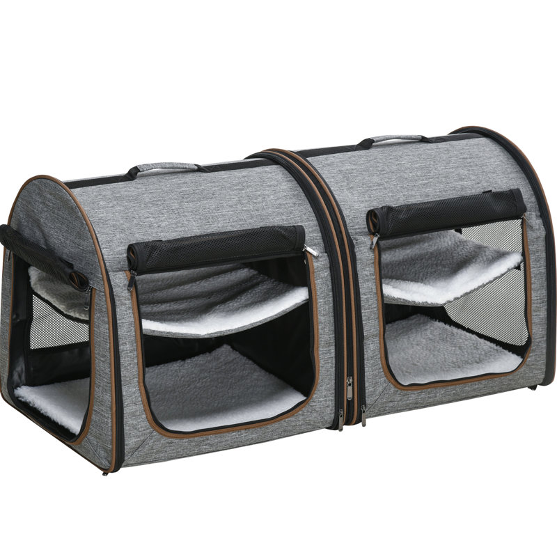 Sac de transport portable pour chats 39 po, gris, en tissu, avec cloison de séparation amovible, deux compartiments, coussins moelleux et bac de rangement pliable et sac de rangement