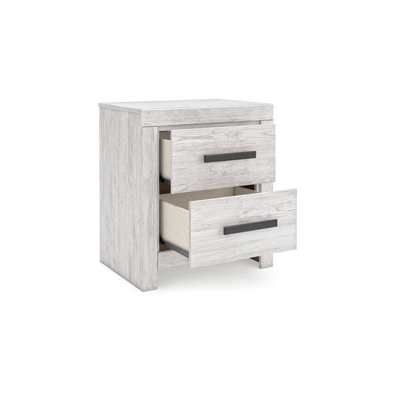 Table de chevet Cany, 2 tiroirs avec poignées noires, blanc délavé rétro