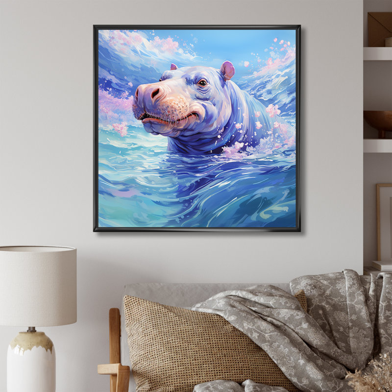 «Blue Serene Hippo Majesty - Hippopotamus», art mural bleu, Cadre flottant noir, H 16 po x l 16 po