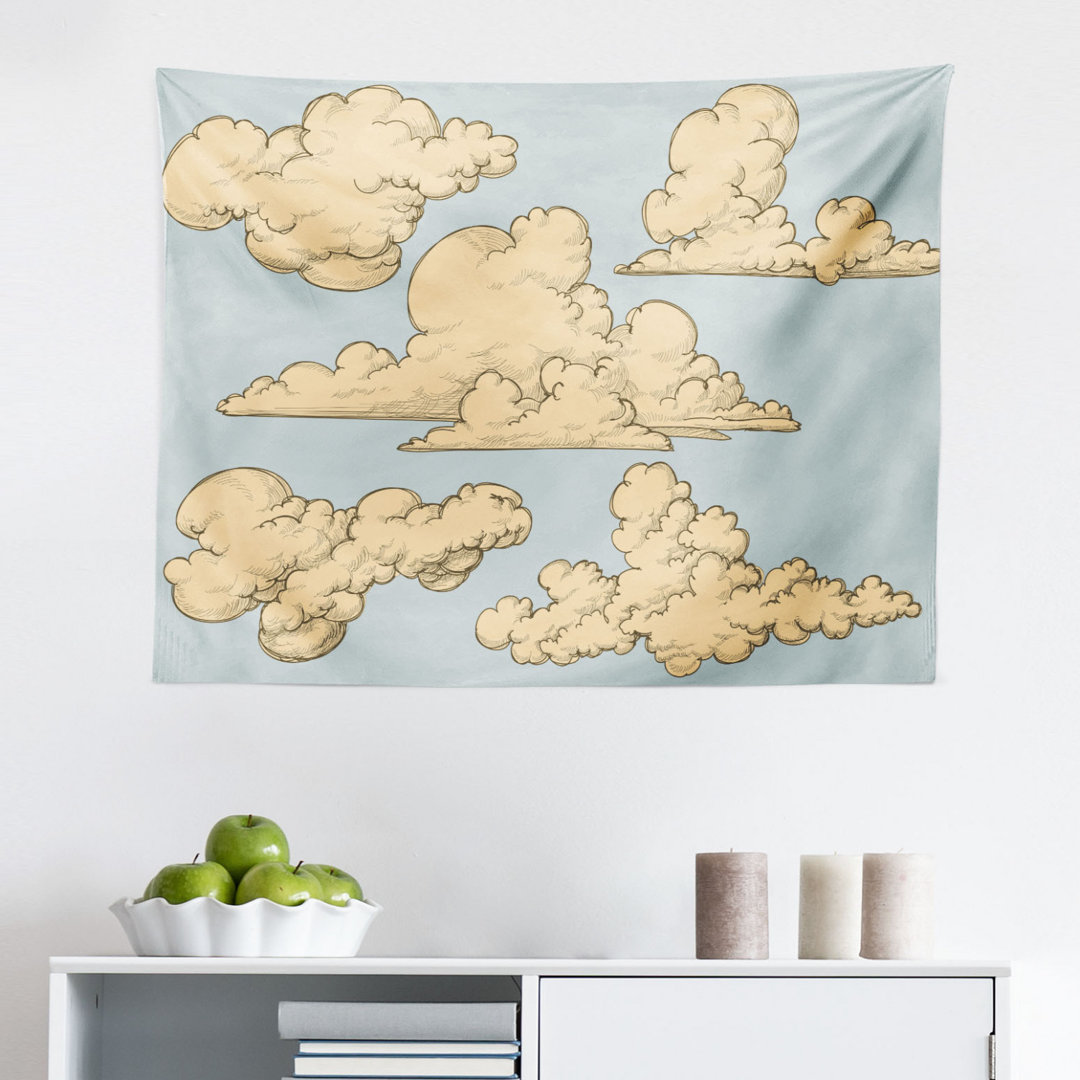 Wandbehang Fluffy Formed Old-Fashioned Clouds in Air Funky Bunte Himmel Elemente Illustration