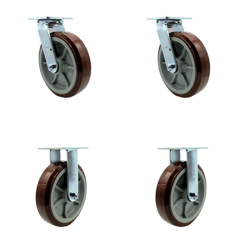 SS Polyurethane Caster Set with Ball Bearings 2 Swivel Lock 2 Rigid SCC