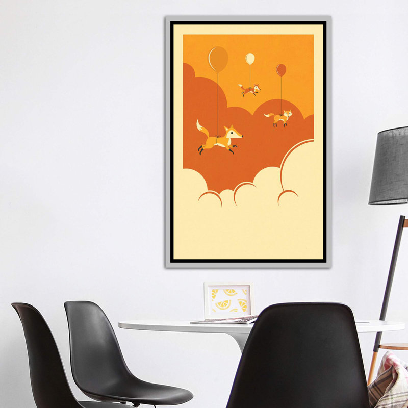 Volée de renards, art encadré, H 60 po x l 40po x P 1,5 po, Toile avec cadre argenté