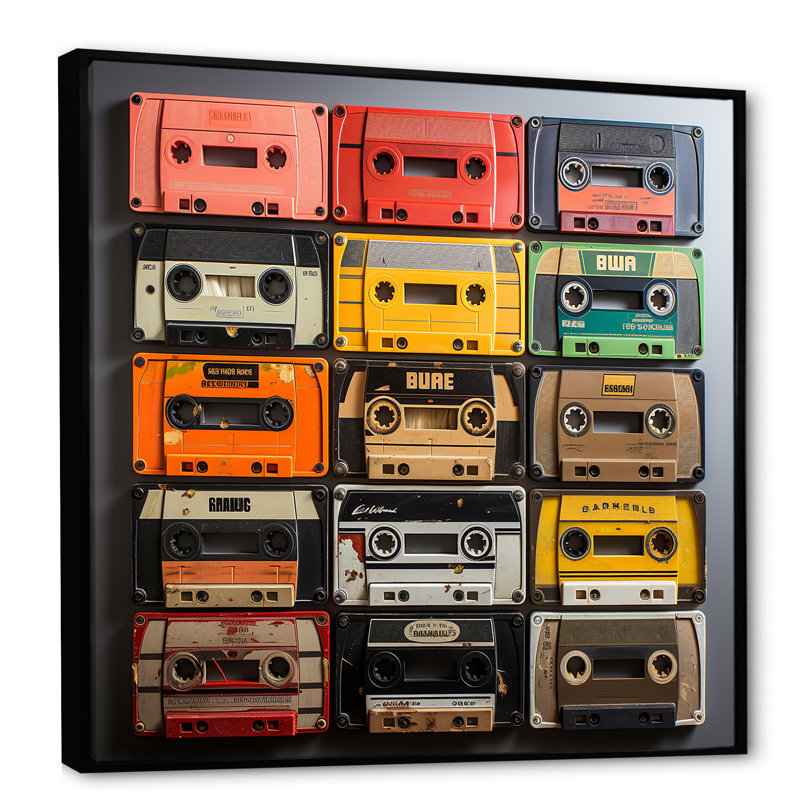 Art mural rétro Cassette Collages IV - Cassette, H 16 po x l 16 po x P 1 po, Cadre flottant noir