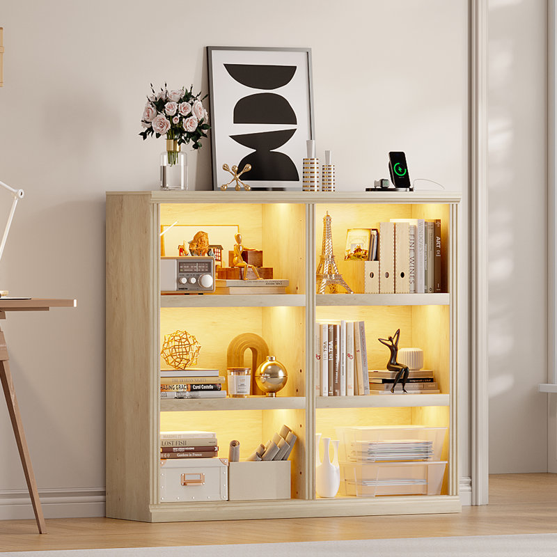 6-Cube Open Bookcase with 3-Colour Motion Sensor LED Lights, Oak
