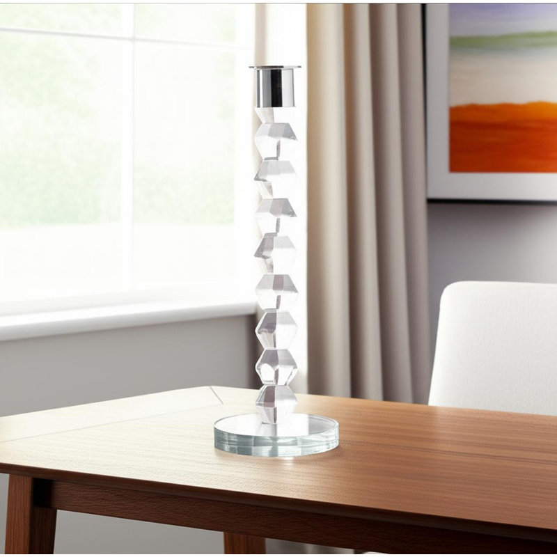 11" Clear And Silver Geo Stacks Crystal Tabletop Taper Candlestick