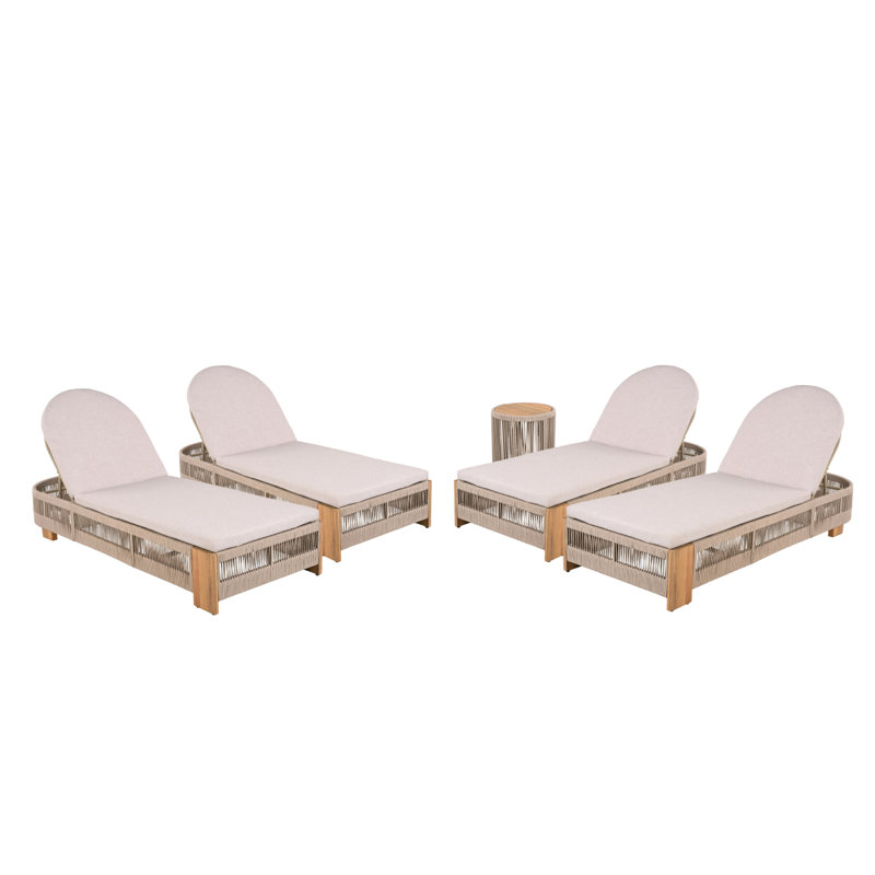 Outdoor Rope Chaise Lounge Se, Patio Lounge Chairs, Outside Poolside Lounge Furniture, Teak Look Wood Side Table And Beige Cushions, Chaise Lounge With Adjustable Backrest( Beige Rope)