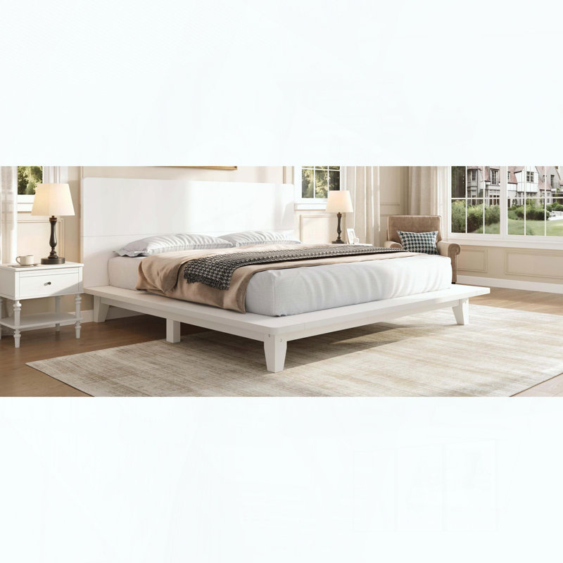 Base de lit plateforme avec tête de lit et lattes en bois, Blanc, Très grand lit