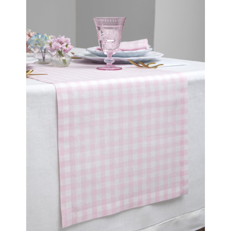 Gingham Checks - 100% Pure Linen Table Runner, Marshmellow Pink, 144" x 14"