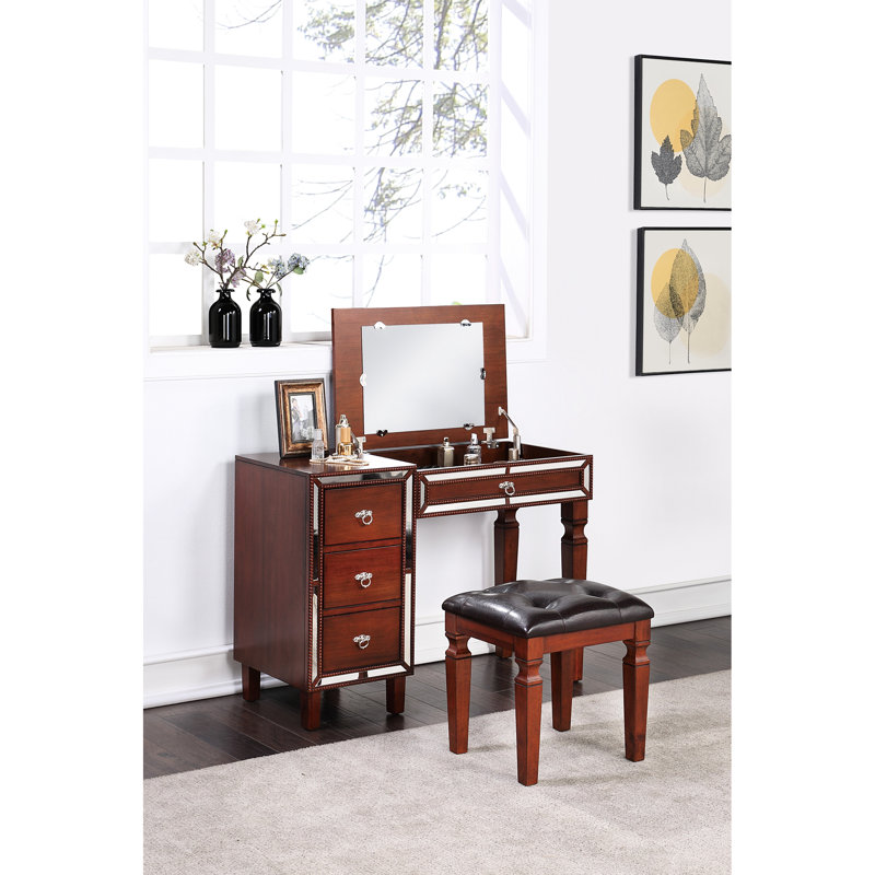Tabouret de meuble-lavabo traditionnel couleur cerise, options de rangement spacieuses, siège élégant, placage de peuplier, bois d'hévéa