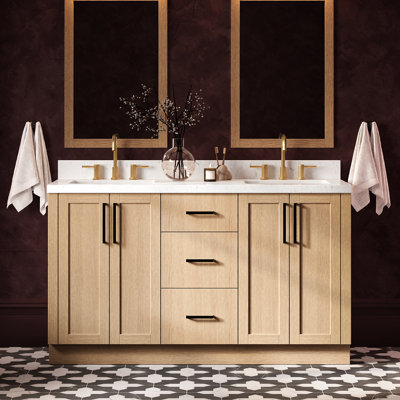   Kayleigh 60 Inch Double Rectangle Sink Bathroom Vanity with Carrara White Quartz Countertop 1.5 Inch in Natural Oak