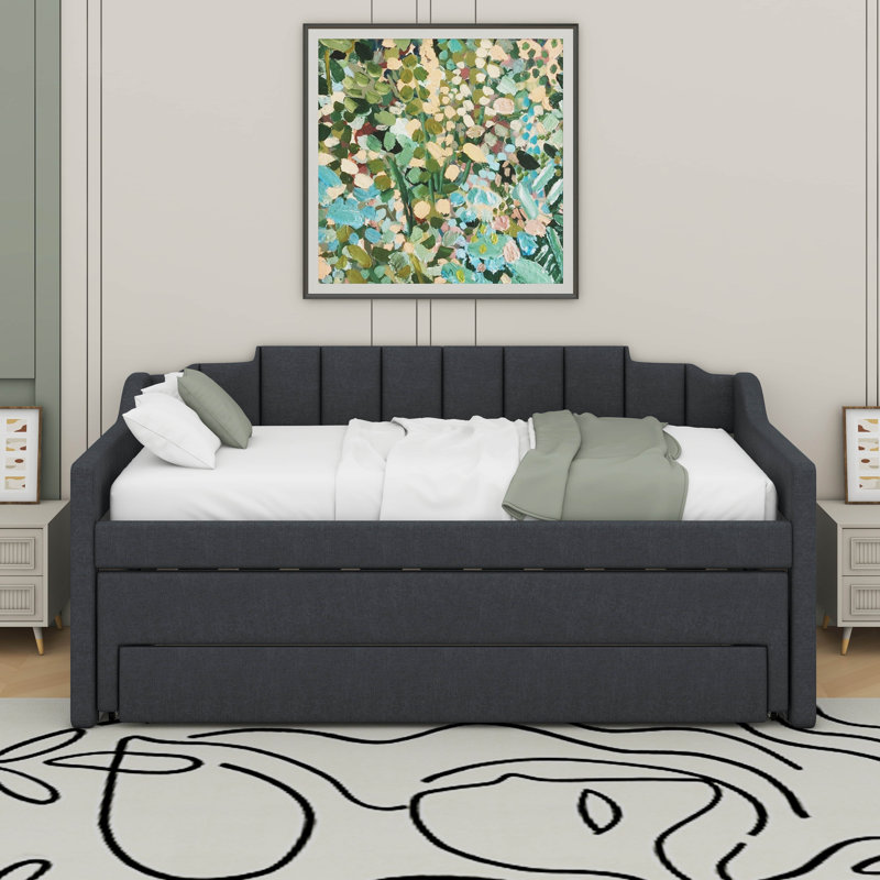 Lit de jour simple tapissier avec couchette et tiroirs, Gris