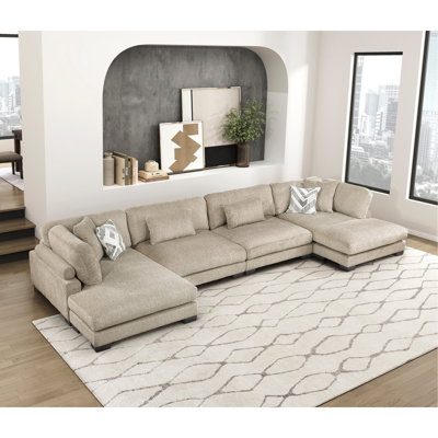Contemporary Brown 4-Piece Modular Sectional with Chaise Comfortable Pillows Plush Microfiber Upholstery  Wood Living Room Furniture