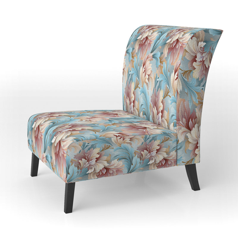 Fauteuil de chambre rose et bleu damassé en fleurs - rembourré de style bohémien et éclectique