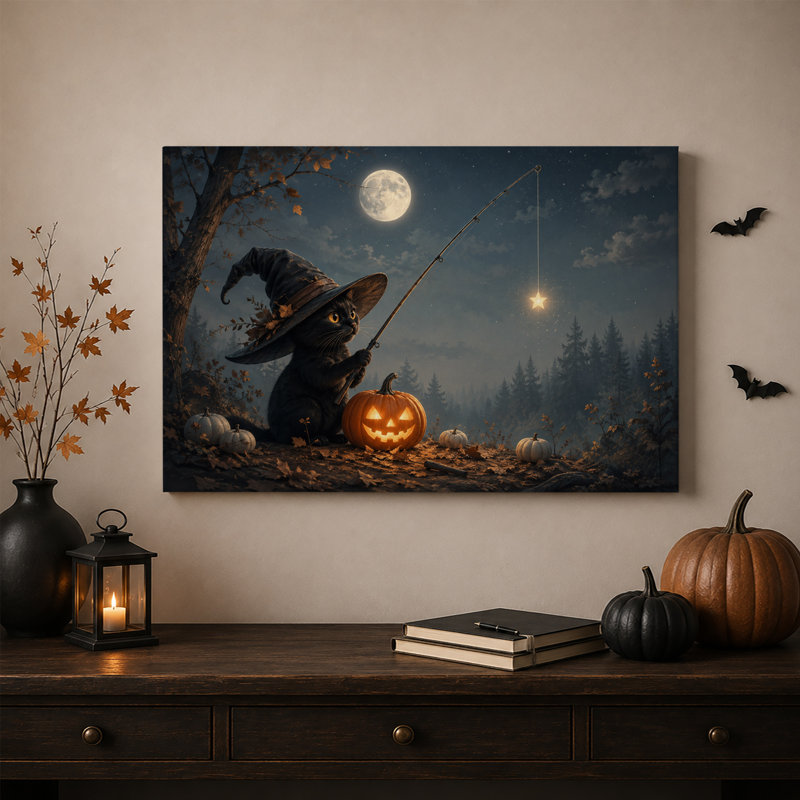 Chat noir portant un chapeau de sorcière pêchant une toile lumineuse d'Halloween, H 12 po x l 18 po