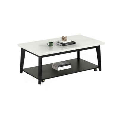 Table basse rectangulaire de style contemporain avec plateau de rangement inférieur en marbre et roulettes au fini blanc et noir