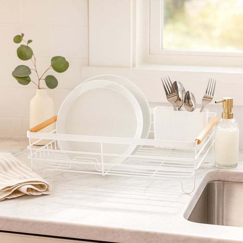 Basket Dish Drain w/Utensil Caddy