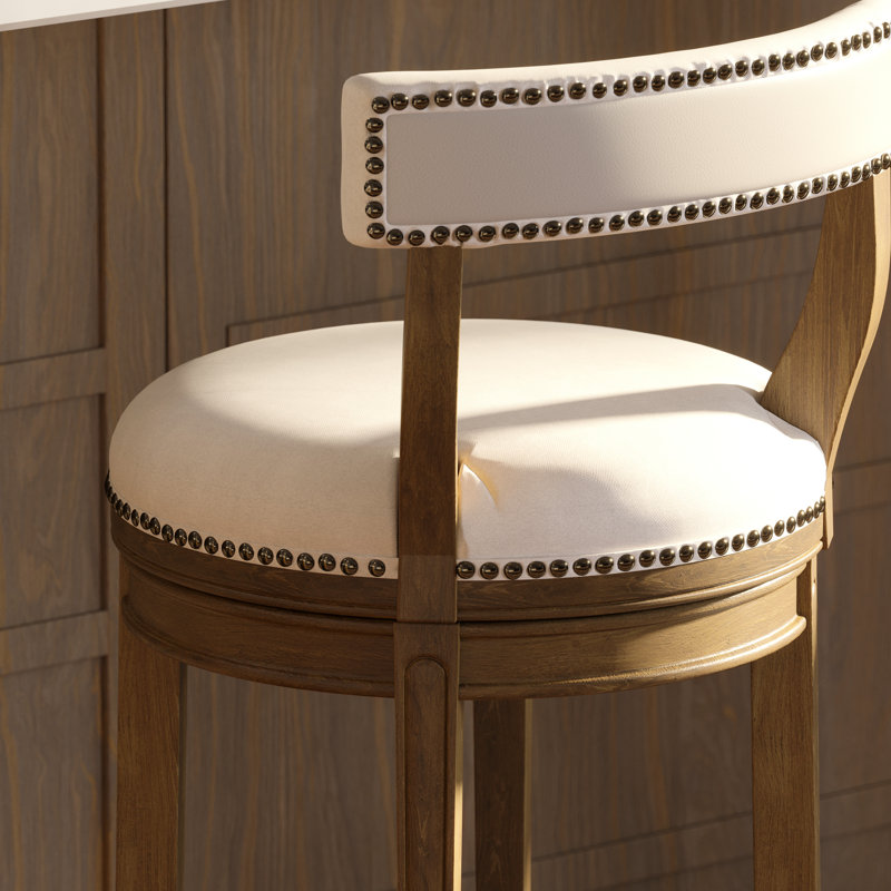 Tabouret de bar 31 po, finition pacane, retour automatique à 180 degrés pour ramener le siège à sa position correcte, siège en similicuir gris, ouvert avec structure en bois, tabouret à pieds arrondis et garniture cloutée