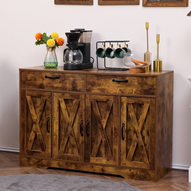 Bundrage 47.2'' Sideboard, Kitchen Island, Barn Door Storage Cabinet with Two Drawers, Rustic Brown