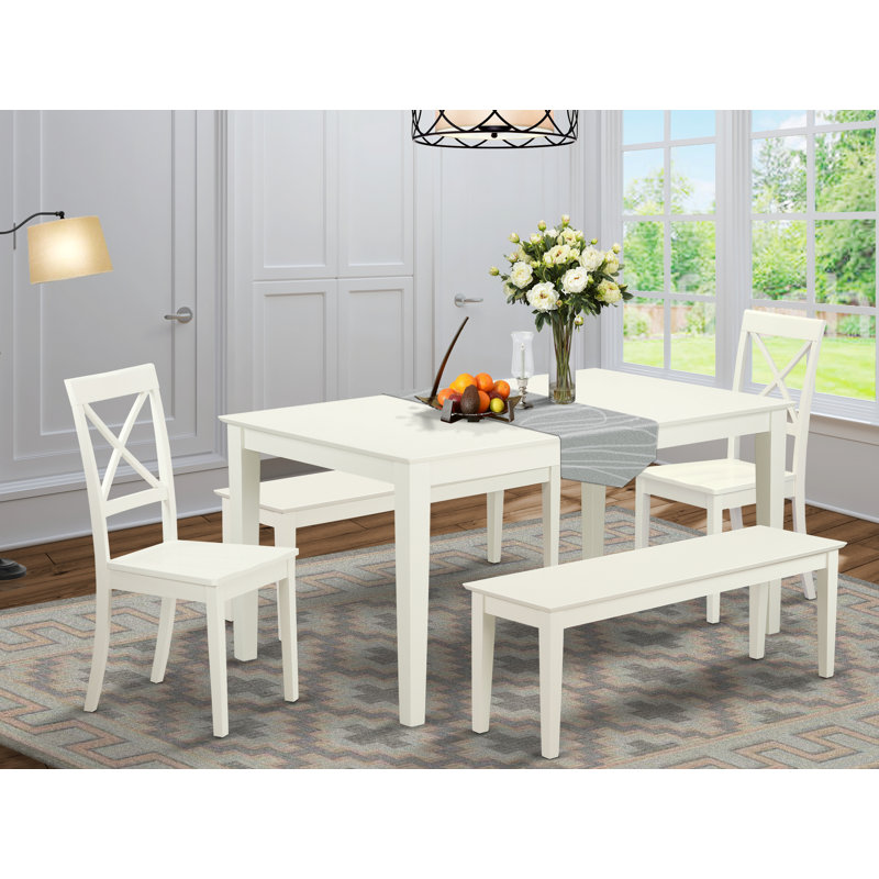 Ensemble de table de salle à manger 5 pièces pour 4 personnes comprenant une table de cuisine rectangulaire et 2 chaises de salle à manger avec 2 bancs, 36 po x 60 po, lin blanc