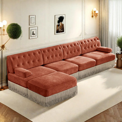 135" L Shaped Chesterfield Sofa, Velvet Fabric, Tassel Skirt, Square Armrests, Ergonomic Design