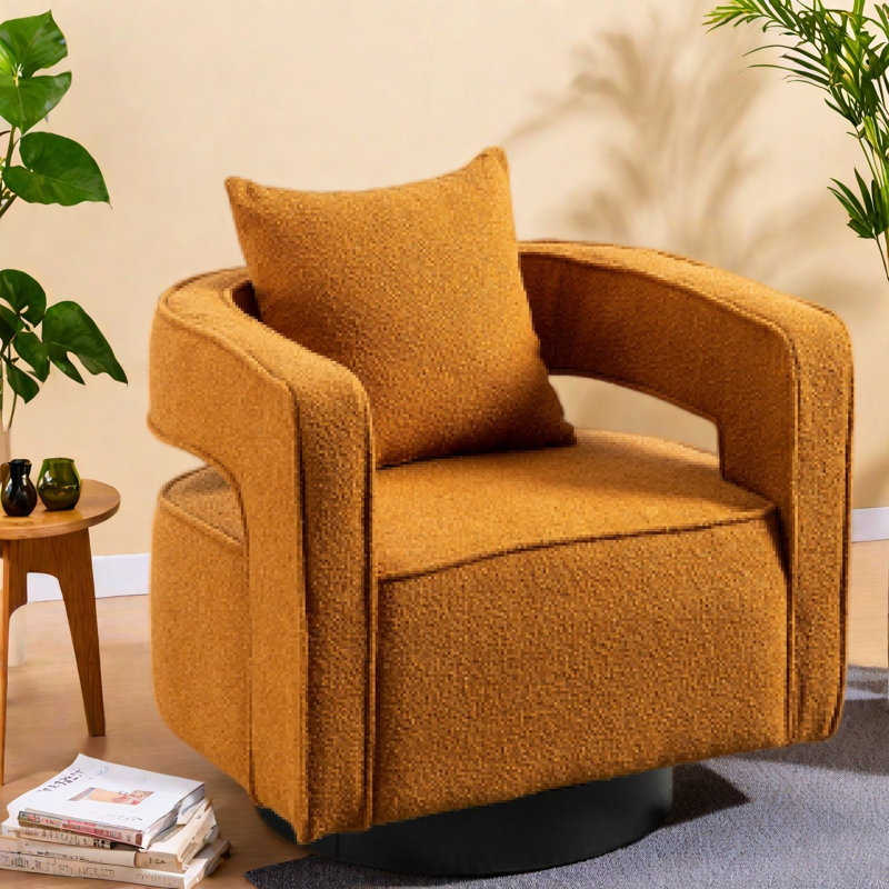 Fauteuils d'appoint pivotants à 360° modernes, couleur caramel bouclé, piètement en métal noir pour salon