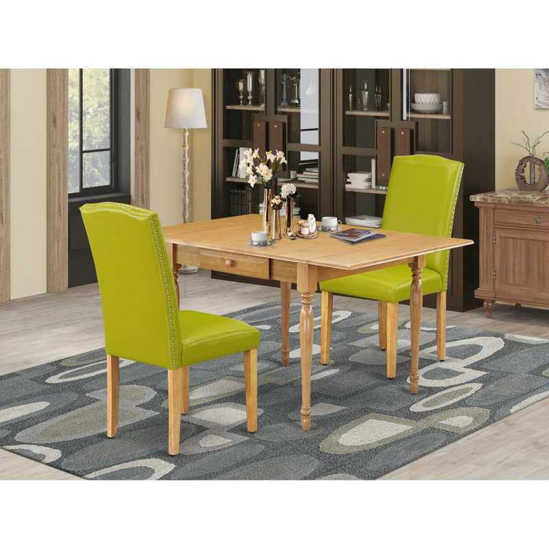 Plateau en bois massif avec table de salle à manger Dropleaf pour petits espaces, Chêne brun naturel, Vert olive